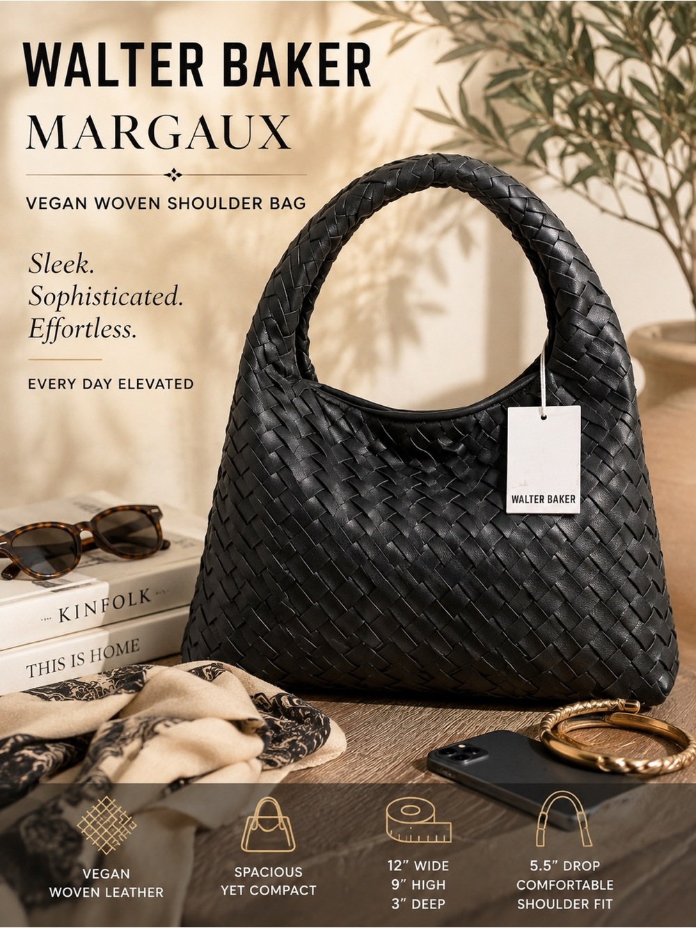 Walter Baker Margaux Black Woven Vegan Shoulder Bag NWT $198 MSRP